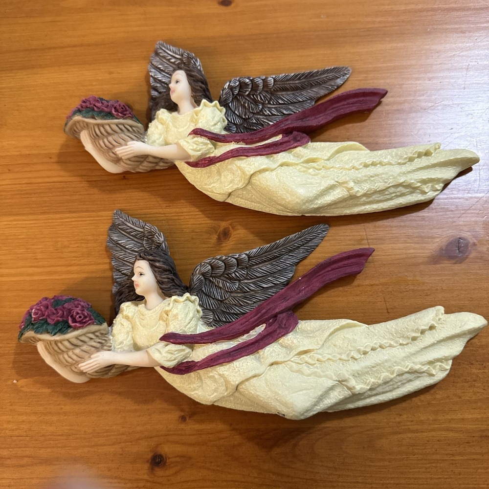 2 Vintage Fontanini Hand-Painted Flying Angel with Flowers 10" x 4"